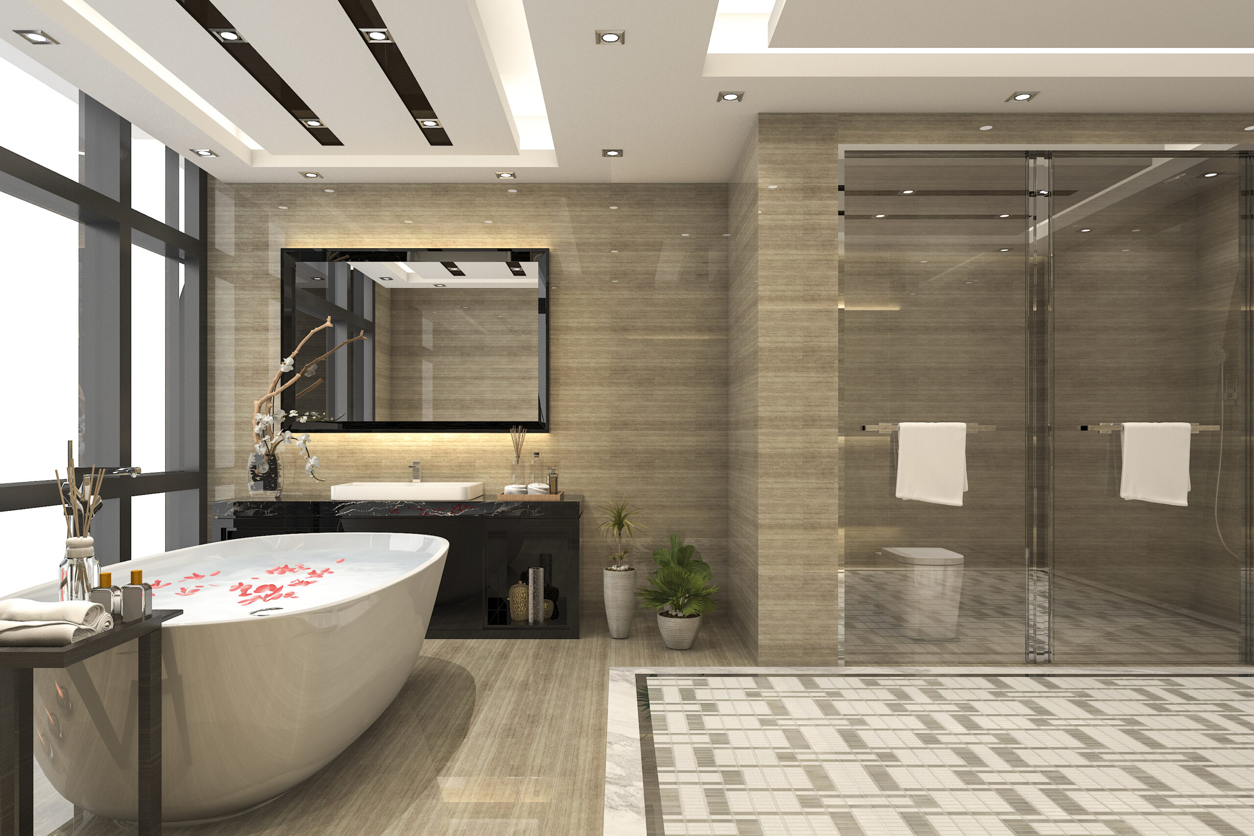 3d,Rendering,Modern,Loft,Bathroom,With,Luxury,Tile,Decor