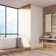 Wooden,Bathroom,Interior,With,A,White,Tub,,Double,Sinks,And