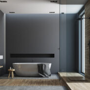 Black,And,Wooden,Bathroom,Interior,With,A,Wooden,Floor,,Tall