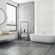 Modern,Bathroom,Interior,With,City,View,And,Blank,Poster,On