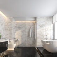 Luxury,Bathroom,With,Black,Marble,Floor,And,White,Marble,Wall