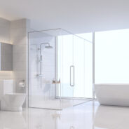 Modern,White,Bathroom,3d,Rendering,Image.,There,Are,White,Tile