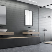 Corner,Of,Modern,Bathroom,With,Gray,Walls,,Concrete,Floor,,Double