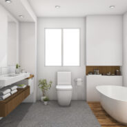 3d,Rendering,Wood,And,Tile,Design,Bathroom,Near,Window